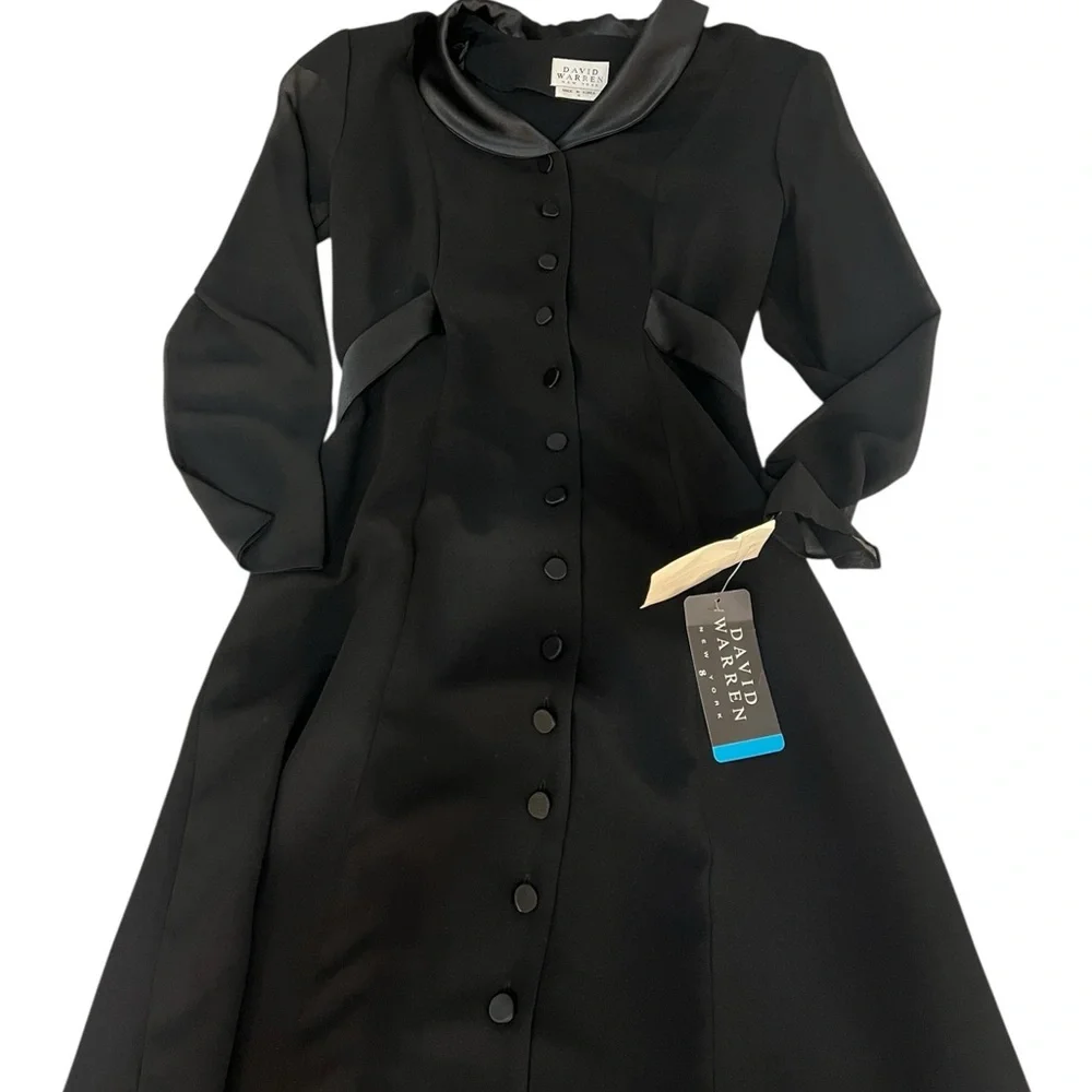 David Warren Luxe In The City Black Tuxedo Button Front Midi Coat Dress 90’s